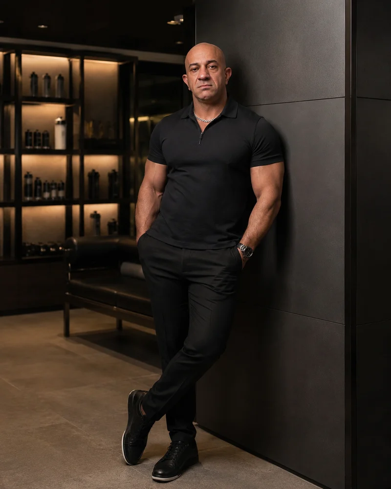 Professional full-body portrait of Akmal Kadri in a dark modern setting.